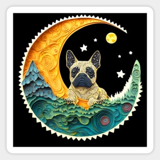 Retro French Bulldog Frenchie Crescent Moon Stars Forest Art Magnet